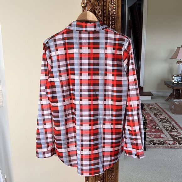 Plaid Long Sleeve Button Down Blouse Split Shirt Size Large Orange / Blue - Picture 5 of 5